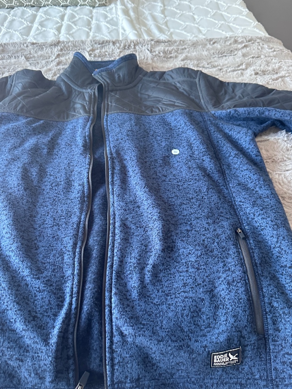 Eddie Bauer Blue Heather Full-Zip Jacket with Black Quilted Shoulders